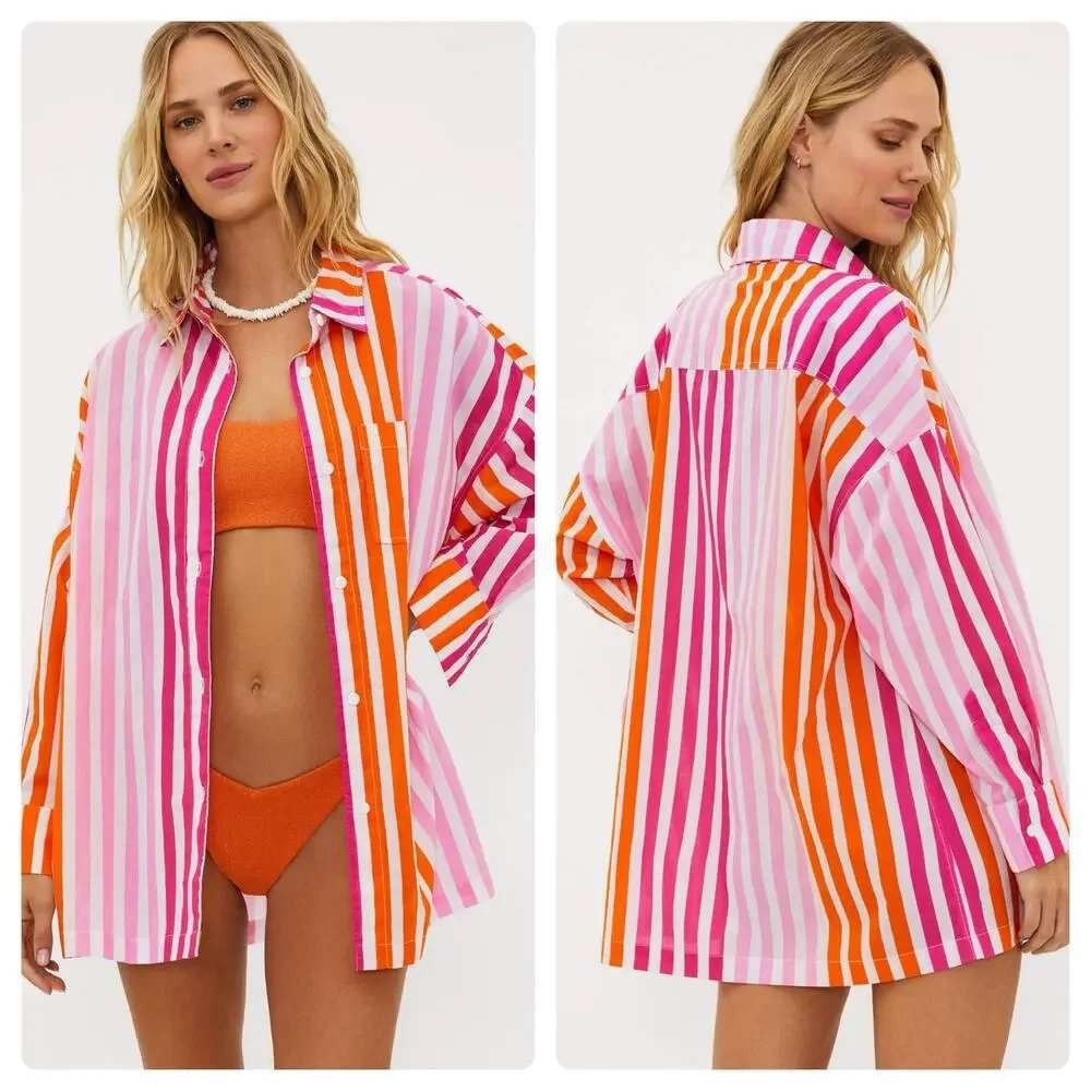 Beach Riot Shirt Alex Sunset Stripes Button Down Swim Cover Up L/XL NWT